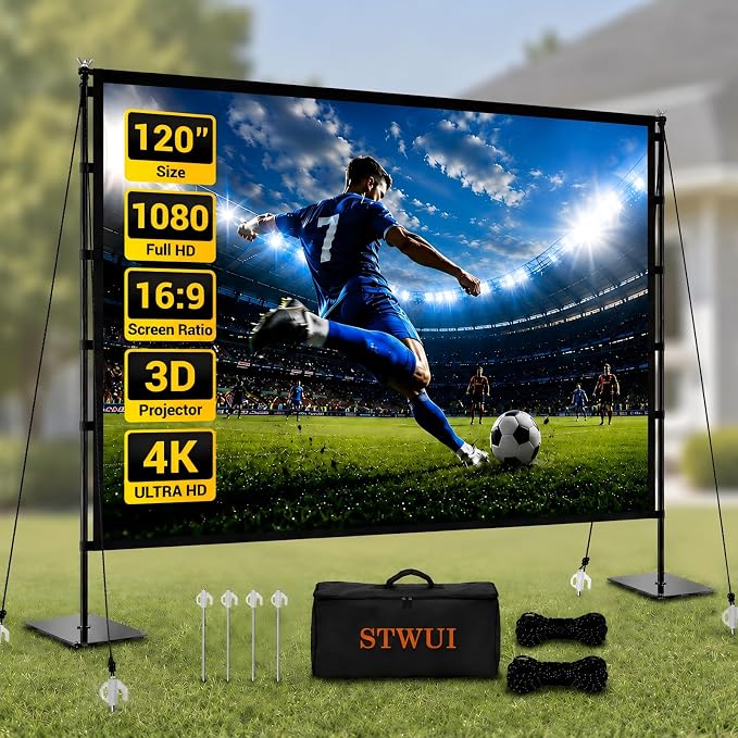 STWUI Outdoor Projector Screen with Stand - 120 Inch Portable Projector Screen Indoor and Outdoor Projector Screens 16:9 4K HD Wrinkle Free Lightweight Movie Screen with Carry Bag,Enioy Movie Nights
