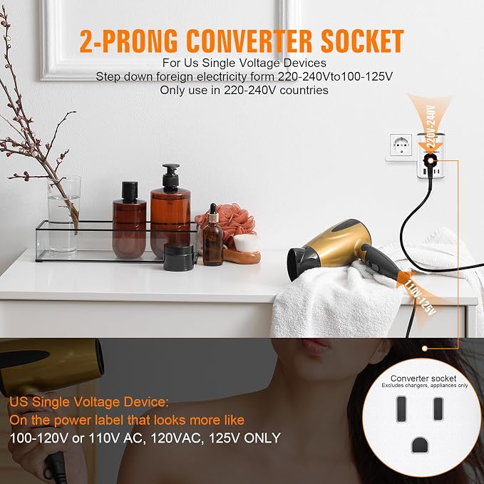 Travel Adapter Worldwide,Voltage Converter Us to Europe, 220v to 110v Power Adapter, European Plug Power Converter 1300w, Transformer for Curly Hair Dryer.