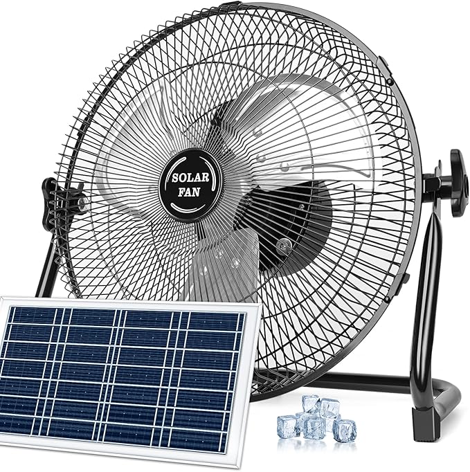 DBF 14" Solar Powered Fan Battery Operated, 15000mAh Outdoor Floor Fan Cordless with 20W Solar Panel, 18 Stepless Speeds, 120° Tilt, Portable High Velocity Fans For Outside, Home, Greenhouse, Camping