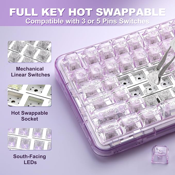 YUNZII X98 QMK/VIA Wireless Mechanical Gaming Keyboard with Knob,Tri-Mode BT5.0/USB-C/2.4GHz Hot Swappable Keyboard,Pre-lubed Switches Gasket Mount RGB Backlit for Wins/Mac (Purple, Crystal Switch)
