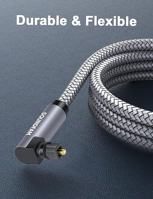 90 Degree Optical Audio Cable 6ft/2M Double Right Angle Optical Cable 360 Degree Free-Rotating Plug Digital Audio Optical Cable for Home Theater, Sound Bar,TV-Grey