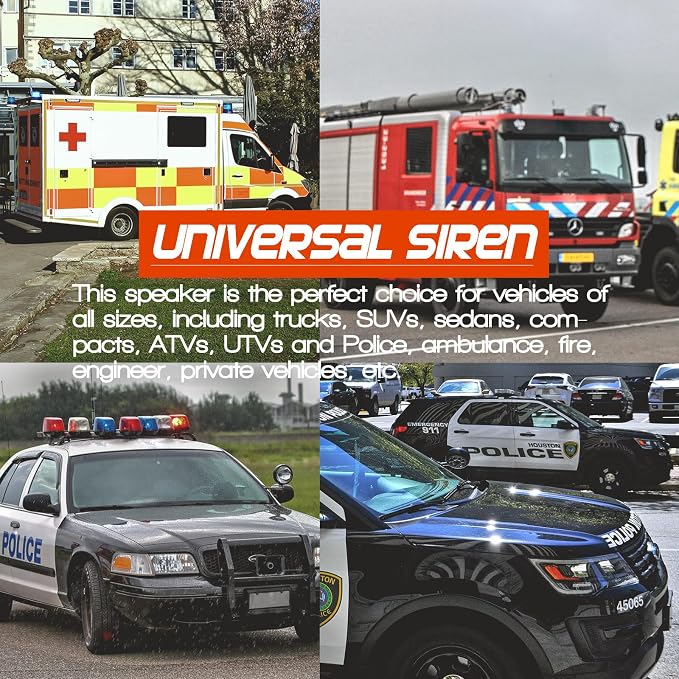 12V 200W 9 Tones Police Warning Emergency Siren PA System [Black Steel Speaker][125-135dB][Handheld Microphone][Hands-Free][2 x 10A Switches] for Firefighter Ambulance Vehicles Truck SUV ATV UTV