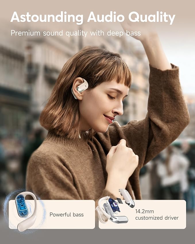 Paekole Ultra Open Ear Headphones, Over Ear Bone Conduction Earbuds with Study Work,Bluetooth Headphones 6.1 with Digital Display,60H Playtime,IP55 Waterproof, Comfort for Cycling,Running,Workout
