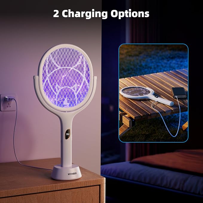 Nymrix Electric Fly Swatter Racket with Rotating Head & Telescopic Handle, 2-in-1 Bug Zapper, 4100V Rechargeable Mosquito Killer with 2600 mAh Battery for Indoor & Outdoor Use (White, 1 Pack)