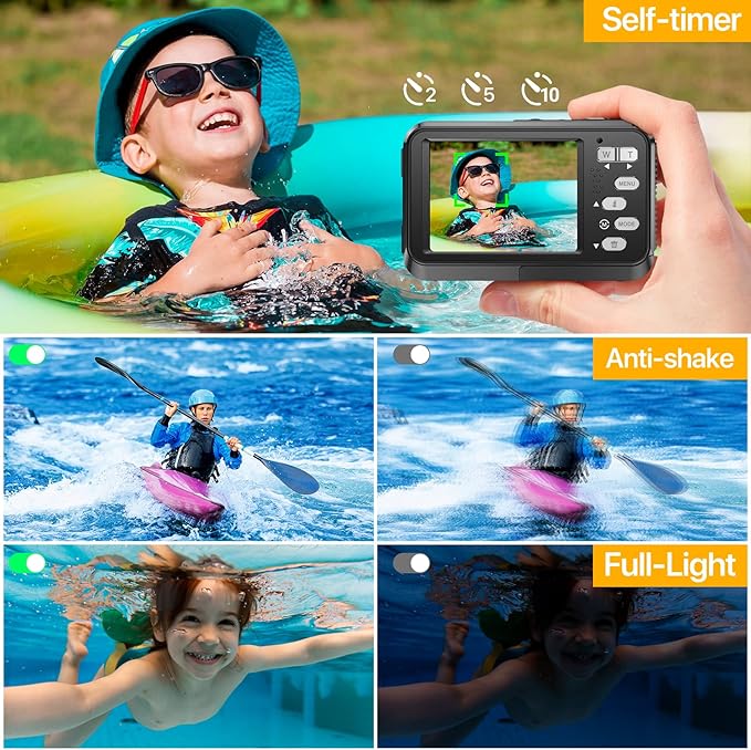 4K Underwater Camera with 64GB Card, 11FT Waterproof Camera Dual-Screen Selfie Underwater Cameras for Snorkeling 16X Digital Zoom Waterproof Digital Camera 2 Batteries (Black)