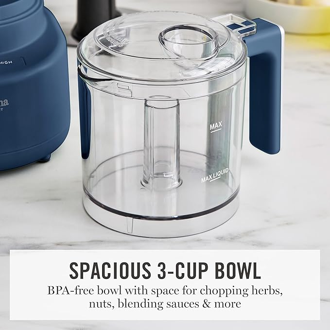 Martha Stewart 3 Cup Electric Food Chopper, Vegetable & Herb Mini Food Processor, 24oz BPA-Free Bowl, Stainless Steel Blades, Pour Spout, Dicing, Mincing, Chop & Puree, Dishwasher Safe, Indigo Blue