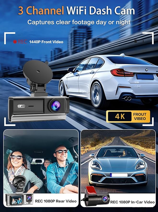 3 Channel Dash Cam Front and Rear Inside,2.5K+1080P+1080P Dash Camera for Cars,Free 64GB Card,Dashcam with WiFi,APP Control,Parking Monitor,Night Vision,Loop Recording