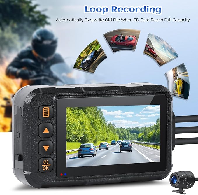 Motorcycle Dash Cam Dual HD Camera Front and Rear View,3" IPS Screen 720P IP67 Waterproof 150° Wide Angle Sportbike Recording DVR with G-Sensor,Loop Recording,Night Vision,Parking Monitor+32G SD
