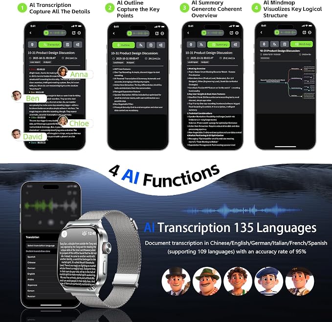 AI Smart Watch with Voice Recorder, Transcribe & Summarize with AI for Meetings, App Control, Supports 135 Languages, 2.13" AMOLED Display, Health, Fitness & Sleep Tracker, 80+ Workout Modes, Silver