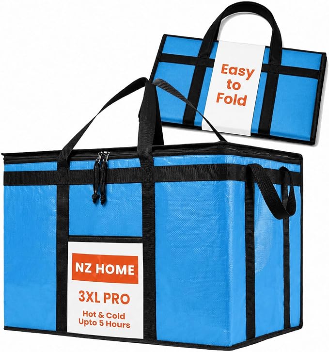 NZ home Insulated Bags for Food Delivery (3XL PRO) Grocery Shopping Cooler Bag, Pizza Delivery, Hot & Cold Catering Tote, Reusable, Foldable & Heavy Duty (Blue)
