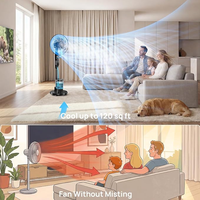 Standing Fan, 16'' Humidifier Fan - Misting Fan, Fan for Bedroom Oscillating Pedestal Fan with 3 Modes 9 Speeds 7H Timer for Daily Indoor Cool - 2026 Model