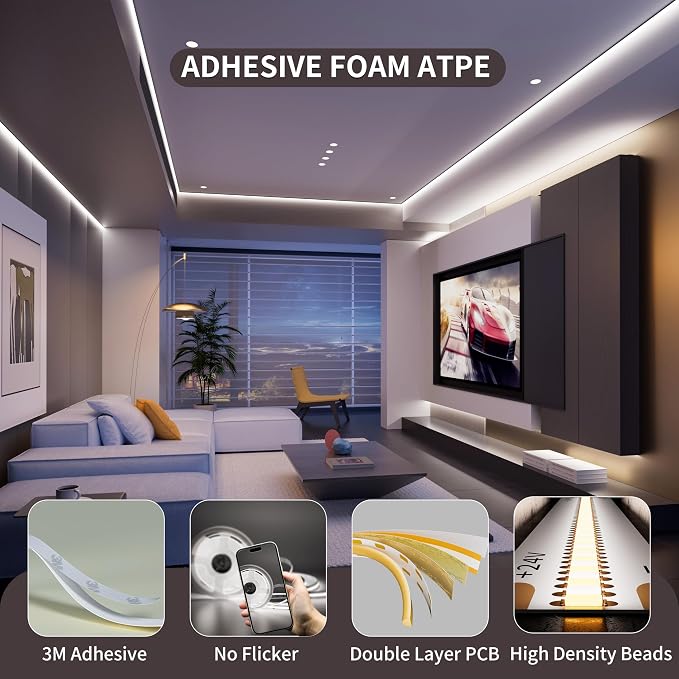 PAUTIX COB LED Strip Light Under Cabinet Lighting,White Led Strip Light 6500K,Dimmable Led Tape Lights Cool White with RF Remote,24V LED Tape,for Mirror,Stair,Kitchen,Desk,Closets