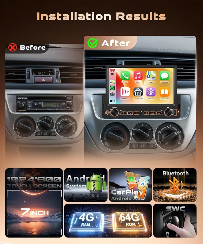 4G+64G Android Single Din Car Stereo, Wireless Carplay Android Auto, 5GWiFi GPS, 1 Din 7 inch Touch Screen Stereo Bluetooth Radio, Backup Camera, FM RDS USB, Type-C Charging