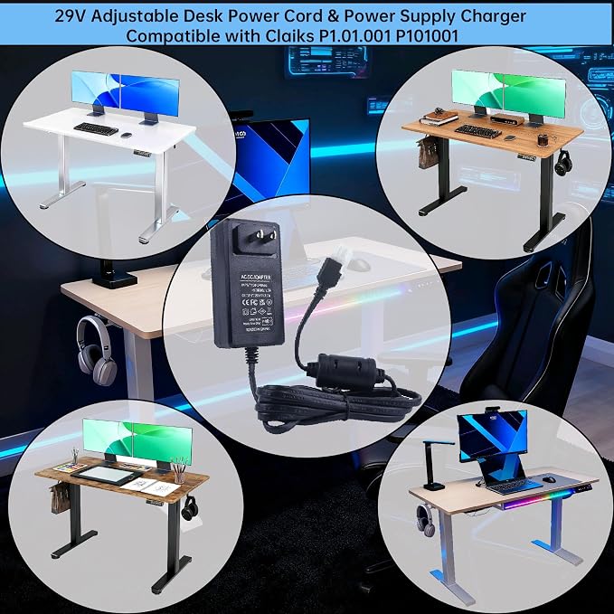 29V 2A Standing Desk Power Cord, 2-Pin Power Supply Adapter Compatible with Claiks P1.01.001/P101001 40/48/55/63 Inch Electric Desk, YH-K290018-C Charger Replacement