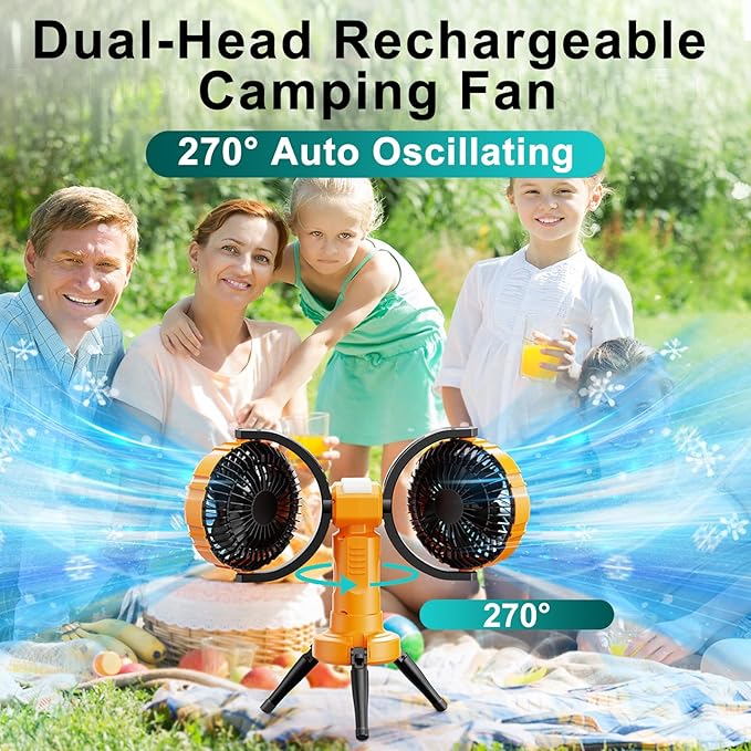 10000mAh Outdoor Camping Fan, Oscillating Battery Operated Tent Fan with LED Lantern, Dual Head Rechargeable Tent Ceiling Fan with Tripod & Hanging Hook - Yellow