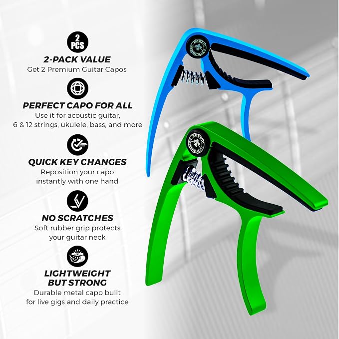 Guitar Capo (2 Pack) for Acoustic Guitars, Ukulele, Banjo, Mandolin, Bass - Made of Ultra Lightweight Aluminum Metal (1.2 oz!) for 6 & 12 String Instruments - Nordic Essentials (Green+Blue)