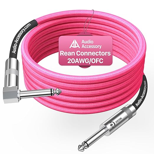 AA AUDIO ACCESSORY Right Angle Guitar Cable 25ft, Nylon Braided Kevlar-Reinforced, 20AWG 99.99% OFC 1/4 Instrument Cable, Dual Shielded Amp Cord for Fender Electric Guitar, Neon Pink