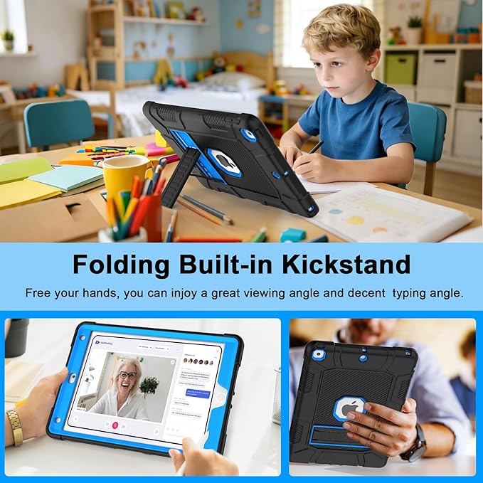 Rantice Military-Grade Tested Case for iPad 10.2" 9th/8th/7th Gen, Shockproof Protective Cover with Stand & Child-Safe Design (Black+Blue)