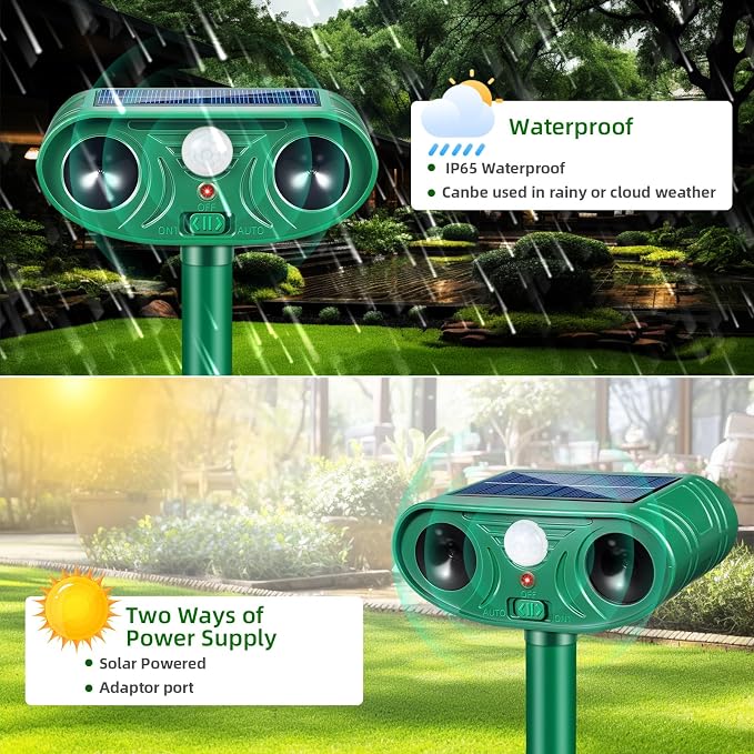 2026 Upgraded Solar Ultrasonic Animal Repellent Motion Activated Deer Repellen Outdoor with Adjustable Frequency Cat Deterrent to Keep Dog Raccoon Squirrel Rabbit Away from Yard Garden 4 Pack