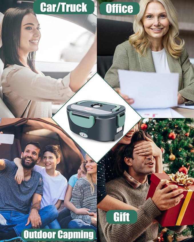 Buddew Electric Heated Lunch Box, 80W Fast Heating with Dual 1.5L Food-Grade 304 Stainless Steel, 12V/24V/110V Portable Food Warmer for Car Truck Office Adults, Lonchera Electrica Portatil (Green)
