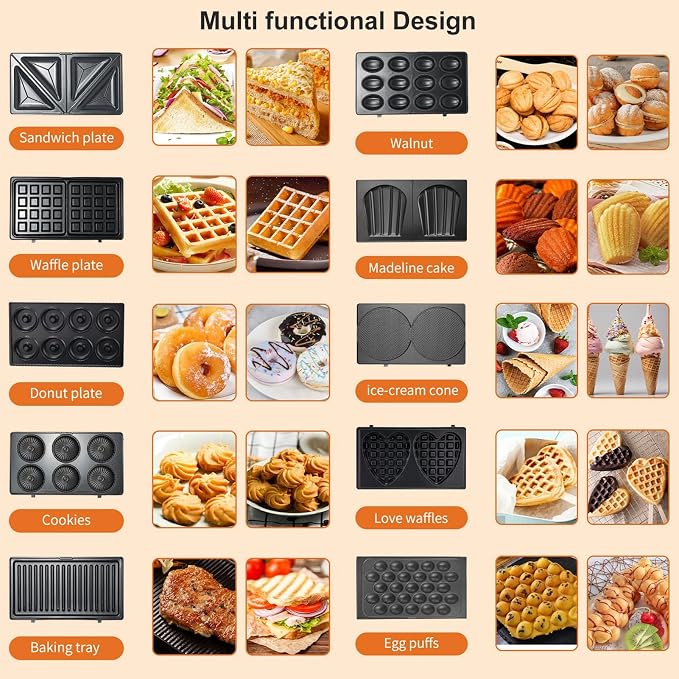 Electric Maker with 10 Non Stick Plates, Indicator Lights Cool Touch Handle Easy to and Store for Cooking Breakfast Grilled Cheese Tuna and Snacks (US Plug 110V)