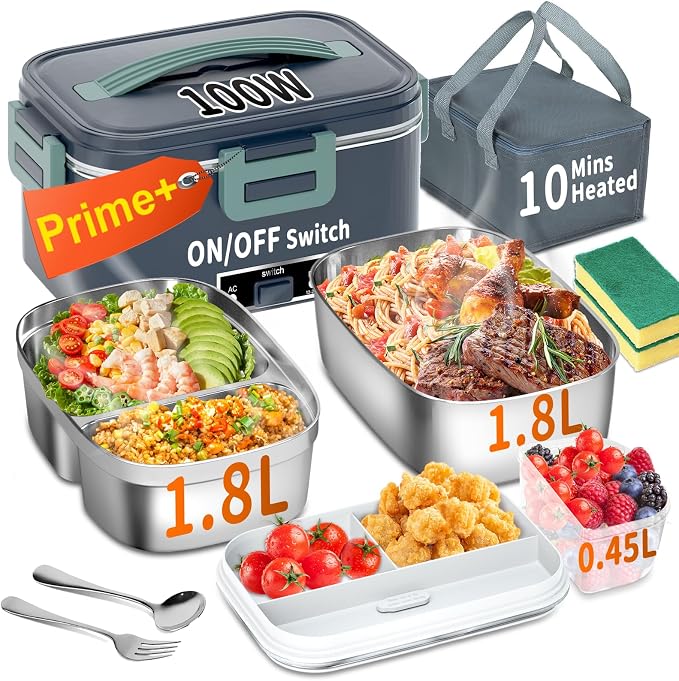 Electric Heated Lunch Box for Adults with 2 Pack 1.8L Containers, ON/OFF Power Switch & 0.6L Double Layer, Portable 100W 3-IN-1 Fast Heating Food Warmer for Men, ,12V/24V/110V for Car Truck Office