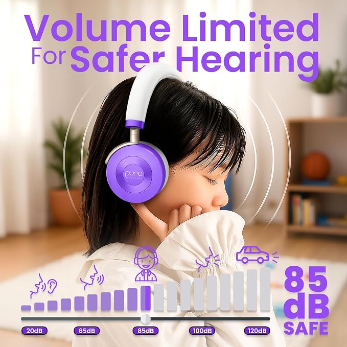Puro Sound Labs JuniorJam Plus Volume-Limiting Wireless Bluetooth Headphones for Kids, Secure Audio with Adjustable On-Ear Design, 22-Hour Battery Life, Ideal for Tablets, Smartphones & PCs - Purple