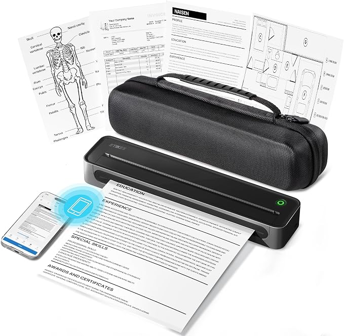 D90E Inkless Portable Printer for Travel, Supports 8.5 x 11 Inch Thermal Paper Wireless Thermal Printer Bluetooth, with Travel Case & 10 Sheets for Students, Office, School, Black