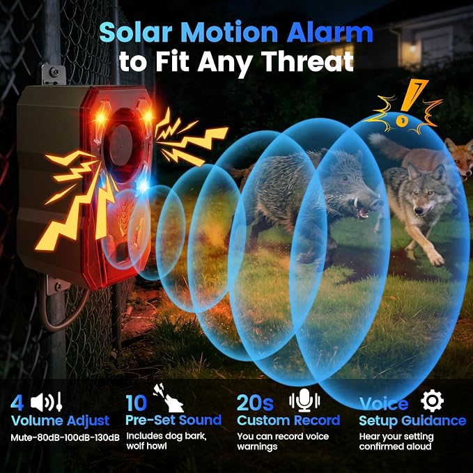 Upgraded Solar Motion Sensor Alarm Outdoor, Radar + IR Dual Detection, 130dB Dog Bark & Strobe Light to Deter Deer, 10 Sounds Available, IP65 Waterproof Motion Detector for Garden Yard Farm