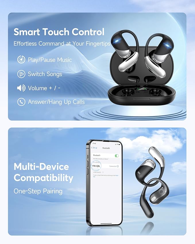 Ultra Open Ear Headphones,Over Ear Bone Conduction Earbuds with Ergonomic Earhook,Bluetooth Headphones 6.1 with Digital Display,60H Playtime,IP55 Waterproof, Comfort for Cycling,Running,Workout