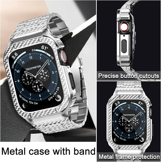 MioHHR Stainless Steel Band and Case Compatible with Apple Watch Band 44mm 42mm (Series 3/2/1), Men Metal Protective Bumper Cover for iWatch Series 6/5/4/3/2/1/SE/SE2/SE3, Silver Pattern
