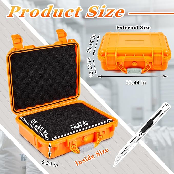 Relaxweex 1 Pcs Waterproof Hard Case with DIY Customizable Foam Insert Portable Protective Case with Knife for Camera Drones Equipments Tools Test Instruments(Orange,22.4 x 16.1 x 10.2 Inch)