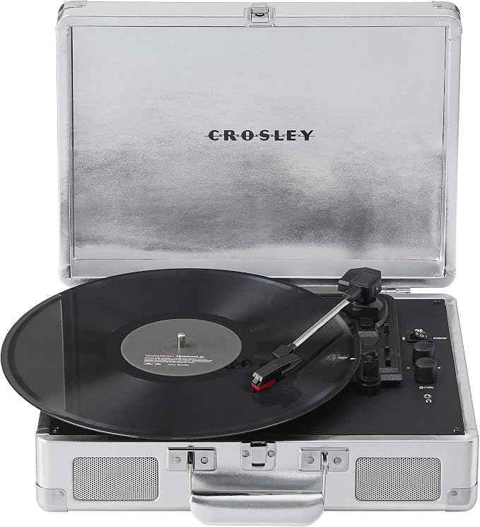 Crosley CR8005F-SI Cruiser Plus Vintage 3-Speed Bluetooth in/Out Suitcase Vinyl Record Player Turntable with Built-in Speakers, Silver