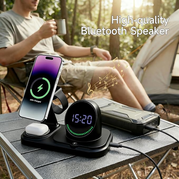 6 in 1 Wireless Charger Charging Station : Compatibility for iPhone 17 16 15 14 13 Pro Max Apple Watch, Charger Stand for Apple Devices, with Wireless Speaker and Digital Clock Ambient Lights (Black)