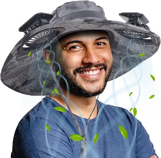 Wide Brim Outdoor Solar Fan Hat, UPF 50+ Fishing Hat for Man with 2 Solar Fan, 3 Modes 180°Rotating Fan Hats