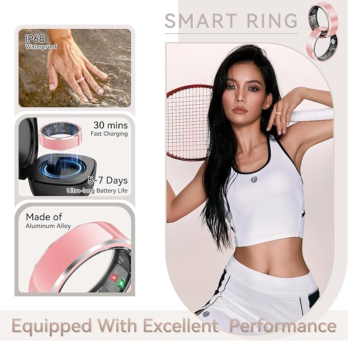 Smart Ring for Women, Fitness & Activity Tracker with Blood Pressure/Heart Rate Monitor, Sleep Tracker, Step Counter, IP68 Waterproof Ring for iOS & Android, Fast Charge, No Subscription (Pink,Size9)