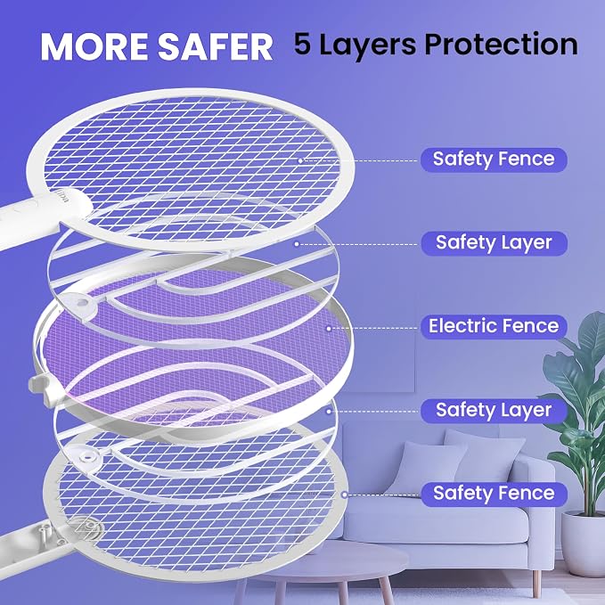LiBa Electric Fly Swatter, 4000V 2-in-1 Mosquito Killer Lamp, USB Rechargeable with 5-Layer Safety Net, Cordless Insect Killer Trap Home Office Camping Patio