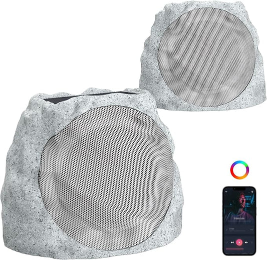 Outdoor Speakers Bluetooth Waterproof Patio TWS Connection Outdoor Bluetooth Speakers Wireless Solar Powered and Rechargeable Rock Speaker for Patio Pool,Backyard (Gray, 2 Pack)