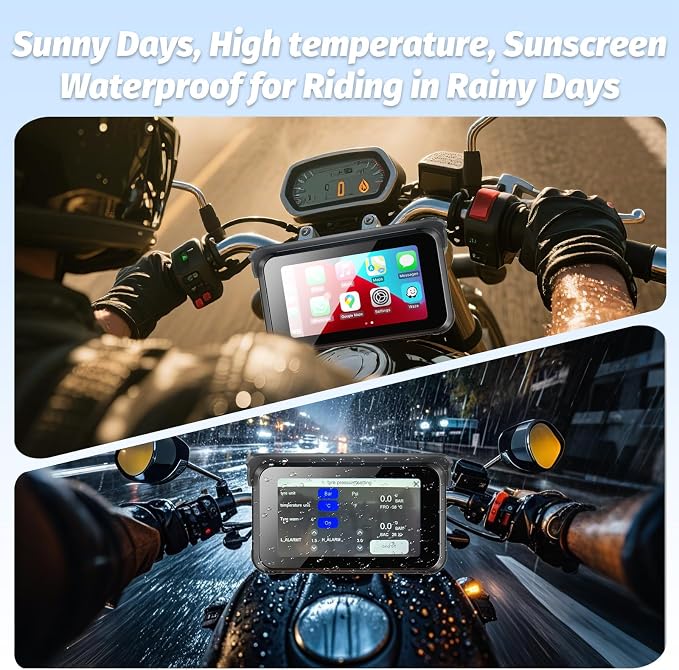 Portable Motorcycle Carplay Screen DVR,Wireless 5 Inch Waterproof Touchscreen Motorcycle TPMS with Dual 1080P Backup Camera,Siri & GPS Navigation,Apple Car Play & Android Auto for Motorbike