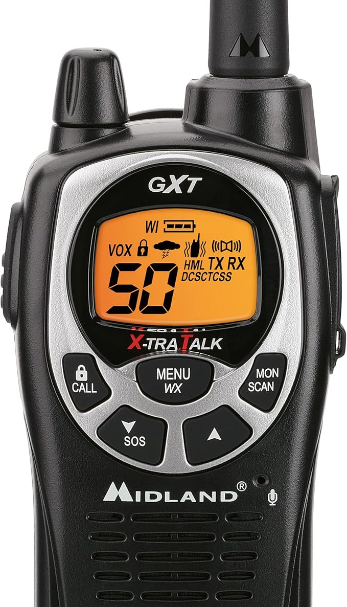 Midland GXT1000VP4 GMRS Two-Way Radio (50 Channel, Long Range, 142 Privacy Codes, SOS, NOAA, Rechargeable Nickel Battery, Black/Silver 2-Pack)