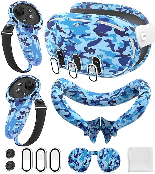 Silicone Cover Set Compatible with Meta/Oculus Quest 3 Accessories, Controller Grips, VR Shell Cover, Facial Interface Cover, Protective Lens Cover, Tempered Glass Lens Caps, Not Fit Quest 3S