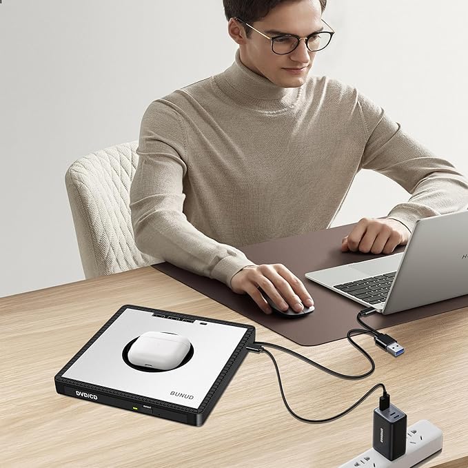 BUNUD External CD/DVD Drive for PC: DVD Burner with 15W Fast Wireless Charger for AirPods 4 3 2 Pro - External DVD Player for Laptop Mac Apple Windows with SD/TF/3 USB Ports