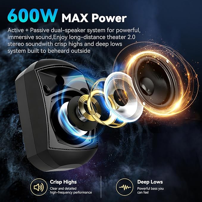 5.25 Inch Wall Mount Bluetooth 6.0 Outdoor Speaker,IP66 Waterproof Indoor/Outdoor Sound System,2-Way Woofer & Tweeter,600W Peak Wired Speakers for Pool,Patio,Garage,Home Theater(Pair,Black)