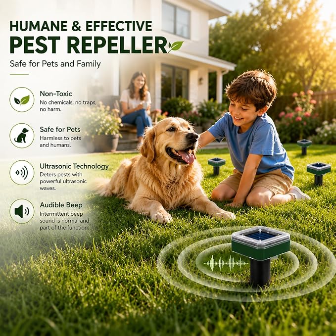 4 Pcs Mole Repellent Solar Powered Ultrasonic Snake Repellent for Yard Skunk Vole Gopher Armadillo Rabbit Groundhog Chipmunk Raccoon Repellent for Lawns, Garden, Outdoor Waterproof Sonic Detterent