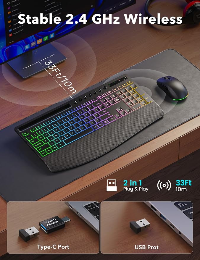Wireless Keyboard and Mouse Combo - 4000mAh Rechargeable Backlit Keyboard with Wrist Rest & Phone Holder, Full Size Quiet Typing 2.4G USB-A/Type-C for PC, Laptop, Windows, Mac, Trueque KM22 Ultra