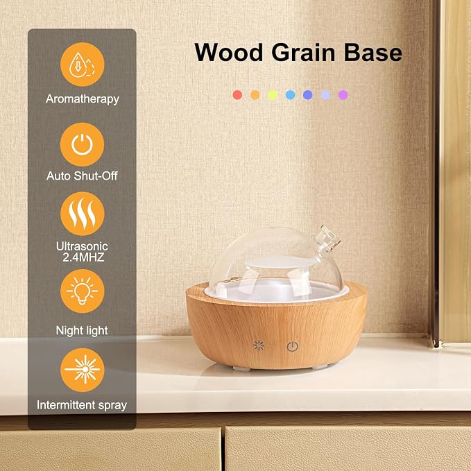 200ml Glass Essential Oil Diffusers for Home, Wood Grain Base Humidifier, Bluetooth Speaker,2025 Upgrade Aromatherapy Diffuser,Aroma Diffuse with Music Player