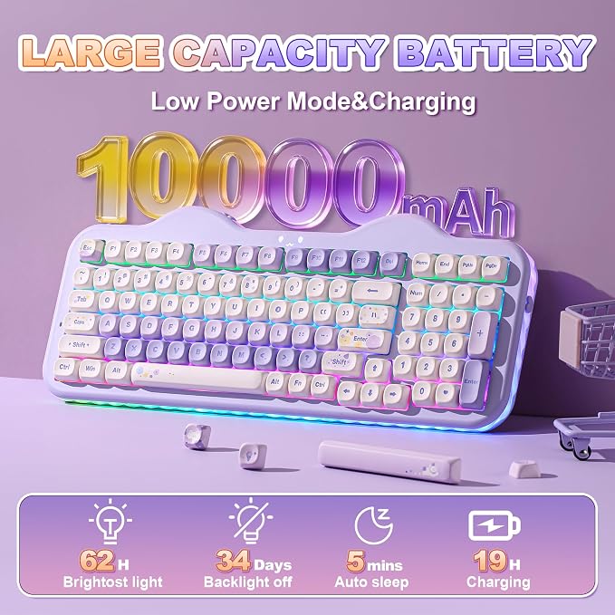 YUNZII C98 Wireless Mechanical Keyboard with Number Pad,99 Key BT5.0/2.4G/USB-C Hot Swap Gasket Mount with PBT MOA Keycaps,Custom RGB,Cute Cake Keyboard for Win/Mac (Purple, Candy Linear Switch)