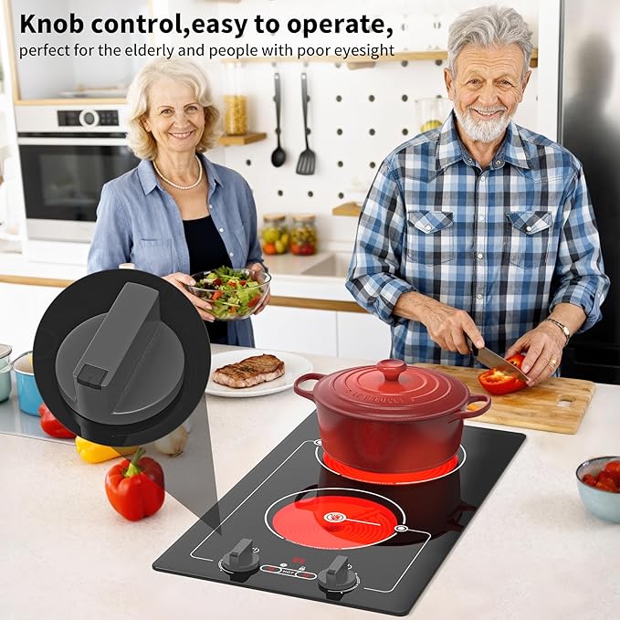 VBGK electric hob,Built-in Design and Countertop Stove Top with Knob Control&Touch Control,9 Power Level, Timer & Kid Safety Lock,220V 2100W 2 burner electric hob