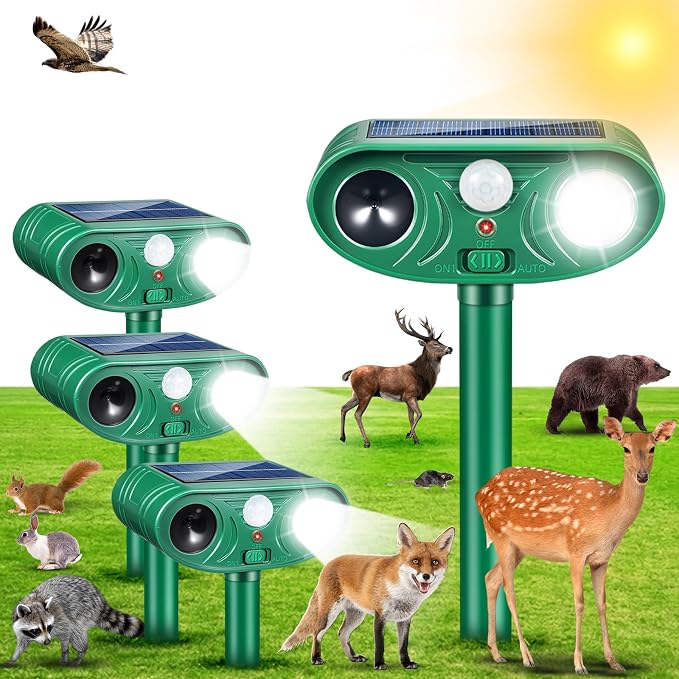 2026 Solar Ultrasonic Animal Repellent IP65 Waterproof Deer Repellent Devices Motion Activated Cat Deterrent Outdoor with Flash Light to Keep Squirrel Rabbit Raccoon Out of Garden & Yard, 4 Pack