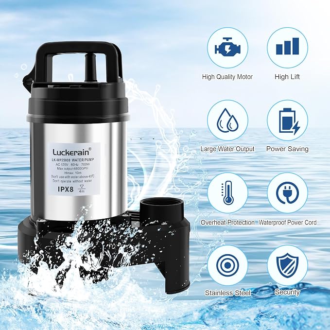 Submersible Water Pump 2/3 HP Stainless Steel Sewage Pump with Timer 5500 GPH Sump Pump for Garden Irrigation,Basement,Outdoor Drainage, 2'' NPT Discharge Port,50ft Cord